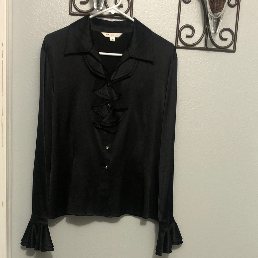 StJohn SILK Elegant sz10 Black Cascading RUFFLE button front long Slv BLOUSE EUC